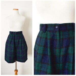 80s Wool Plaid Shorts | High Waisted Pleated Bermuda Shorts